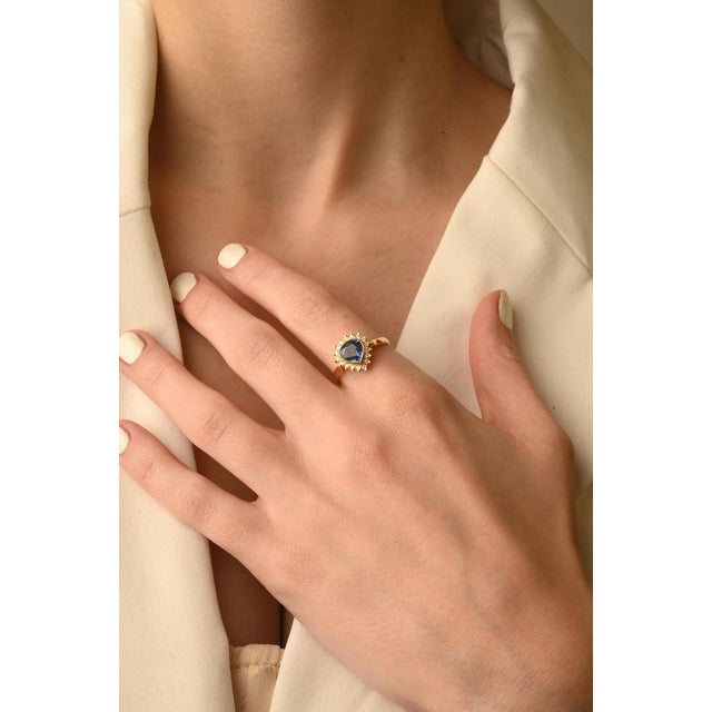 Not Yet Made - Made To Order Genuine Blue Sapphire and Halo Diamond Engagement Ring Size 7 For Sale - Image 5 of 12