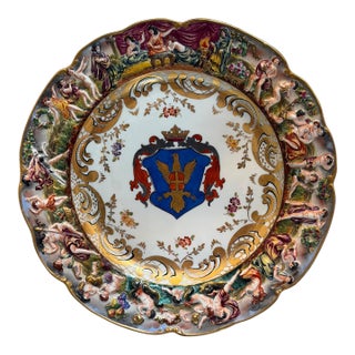 Antique 19c German Porcelain Gold Eagle Armorial Crest Plate W Capodimonte Mark For Sale