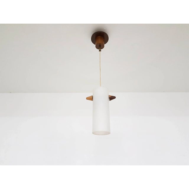 1960s Vintage Danish Glass & Wood Pendant Lamp For Sale - Image 5 of 8