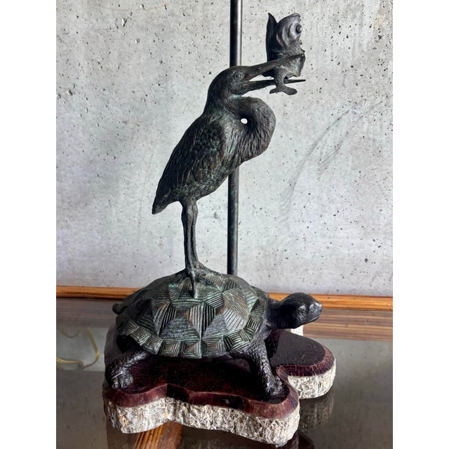 Hollywood Regency Vintage Maitland-Smith Bronze Heron Tortoise Tessellated Shell Table Lamp For Sale - Image 3 of 9