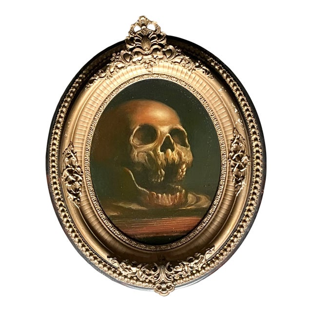 Vintage Skull Oil Painting in Ornate Frame For Sale