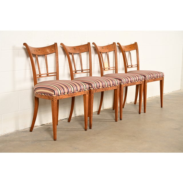 Neoclassical Antique Italian Regency Fruitwood Inlaid Marquetry Dining Chairs, Set of Four For Sale - Image 3 of 17