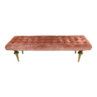Vintage Hollywood Regency Button Tufted Long Bench Striped Pink/Green Velvet Upholstery Brass Fluted Legs For Sale