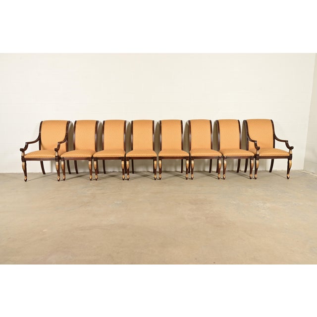 Neoclassical Baker Furniture Style Regency Carved Mahogany and Gold Gilt Dining Chairs, Set of Eight For Sale - Image 3 of 14