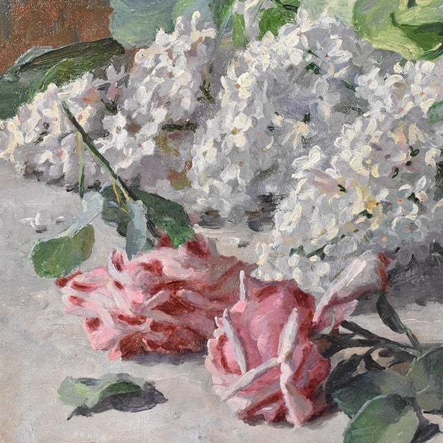 1900 - 1909 B. Vincendon, Art Nouveau Still Life with Roses and Lilacs, Oil on Canvas, 1905, Framed For Sale - Image 5 of 11