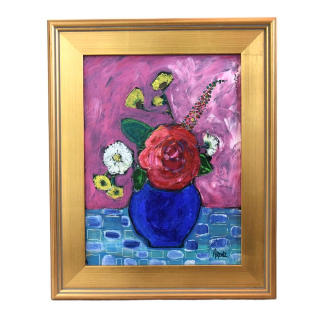 2020s Vase of Flowers Oil Painting, by Ruth Arenz Including the Antiqued Gold Wood Frame For Sale - Image 5 of 5
