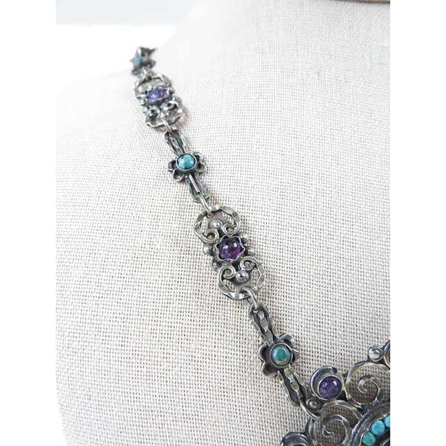 Metal Vintage Morales Matl Style Sterling Amethyst Turquoise Coral Necklace For Sale - Image 7 of 11