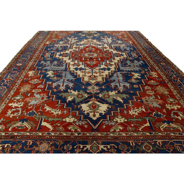 Red Antique Persian Serapi Handmade Wool Rug Featuring a Medallion Design For Sale - Image 9 of 11