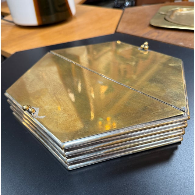 Hexagonal Brass & Silver Decorative Box With Wooden Interior For Sale In Los Angeles - Image 6 of 7
