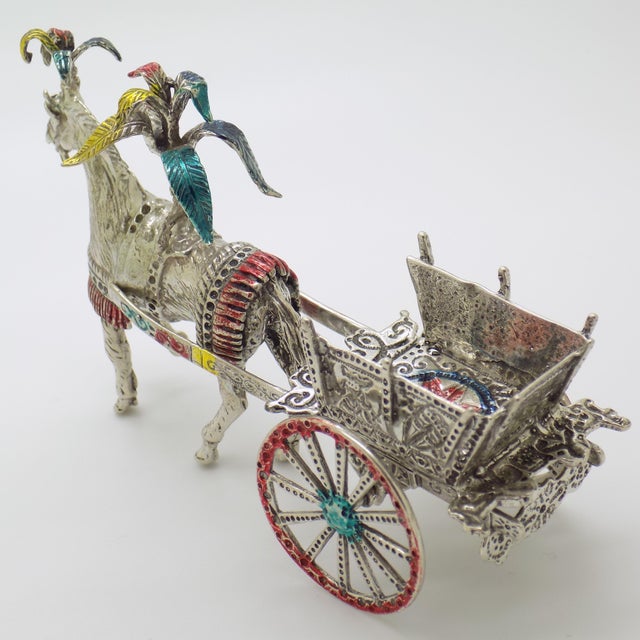 Silver Large Vintage Italian Handmade Silver Carretto Siciliano Carriage with Enameled Parts, Sicily, 1980s For Sale - Image 8 of 13