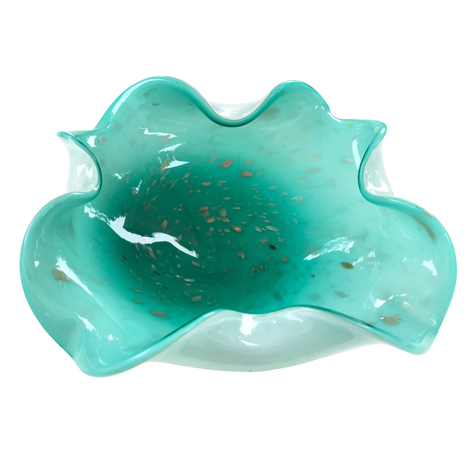 Vintage Turquoise Murano Glass Bowl w/ Aventurine Flecks & Controlled