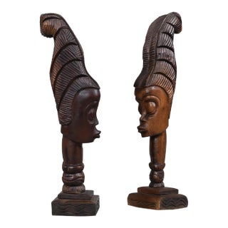 Pair Hand Carved African Women Busts Wood Sculptures 24 Inches For Sale