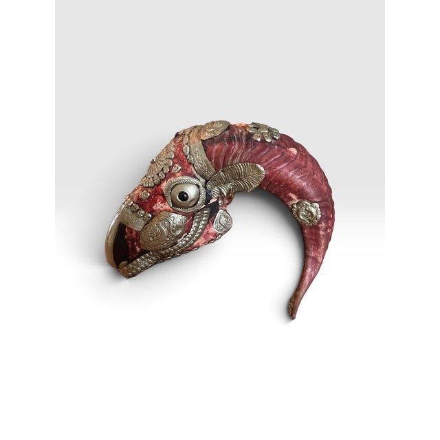 Vintage Tibetan Kapala-Style Decorated Ram Skull With Repoussé Metal & Skull Motifs For Sale - Image 10 of 11