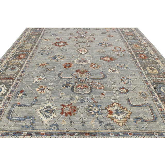 2020s Modern Oushak Style Hand-Knotted Wool Rug in Slate Grey, Terracotta, and Blue For Sale - Image 5 of 12