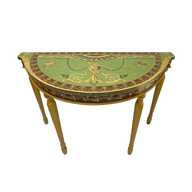 Neoclassical Neoclassical Adam Style Demilune Console Table in Green Yellow & Brown Sarreid Italy Entryway Console Table Dry Bar Demilune Table For Sale - Image 3 of 7