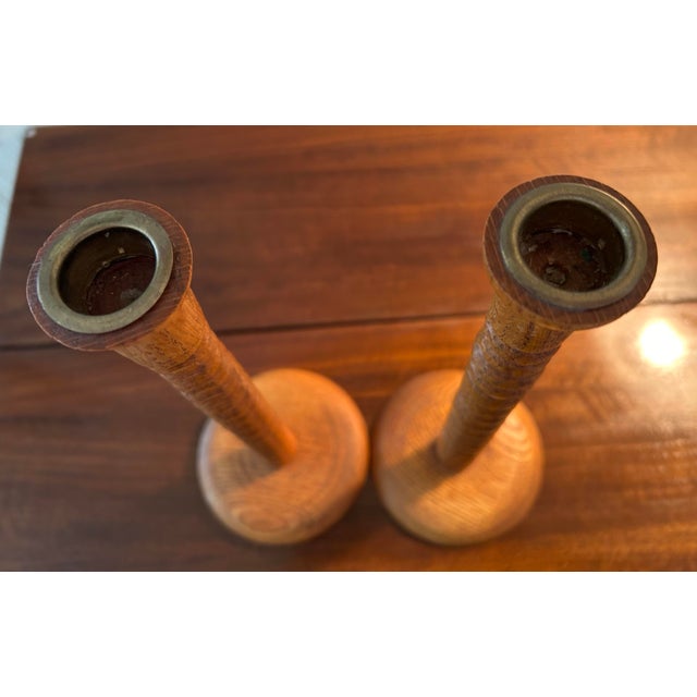 Late 19th Century Pair Antique 11" Bobbin Turned Oak Candlesticks For Sale - Image 5 of 5