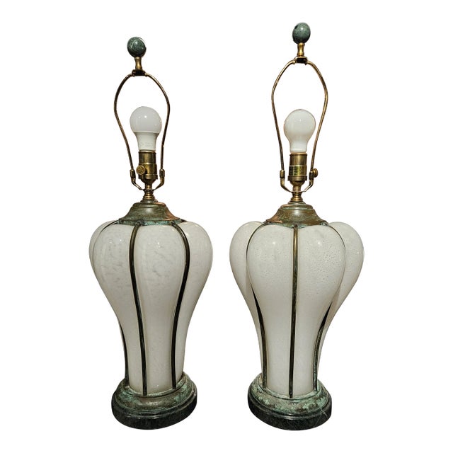 Sarreid Italian Bronze Caged Murano White Glass Lamps - a Pair For Sale