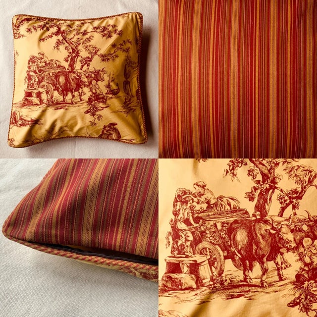 Toile De Jouy Throw Pillow Cover, Automne Pattern, Red and Gold, 20-Inch Square For Sale - Image 10 of 11