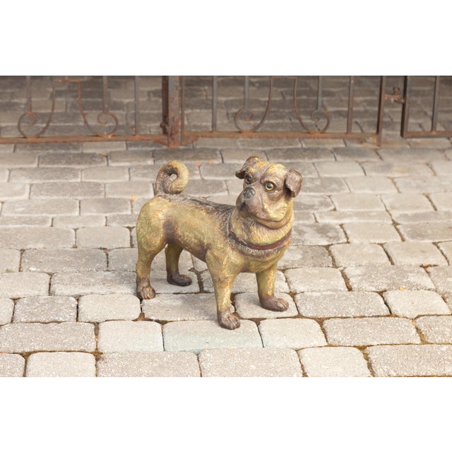 Mid 20th Century Vintage English Standing Pug Composition Sculpture with Glass Eyes and Collar For Sale - Image 5 of 12