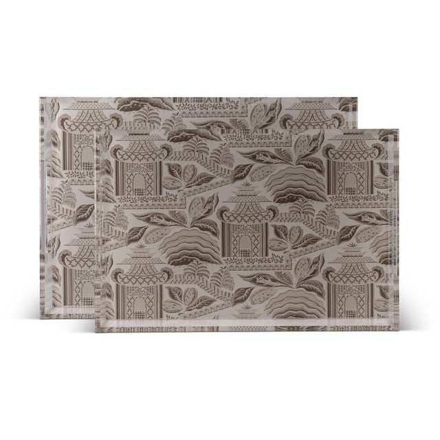 Name: Pagoda Garden Mocha Large Tray Set/2 Size: 2.5"H x 20"W x 14"D Size one, size two is 2.5"H x 18"W x 12"D Pagoda...