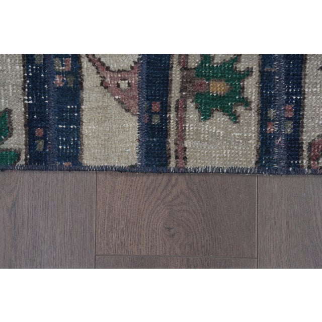 Navy Blue 1970s Vintage Turkish Runner Rug - Navy Blue Vertical Striped & Cream Hallway Rug - Handwoven Anatolian Low-Pile Accent Carpet For Sale - Image 8 of 9