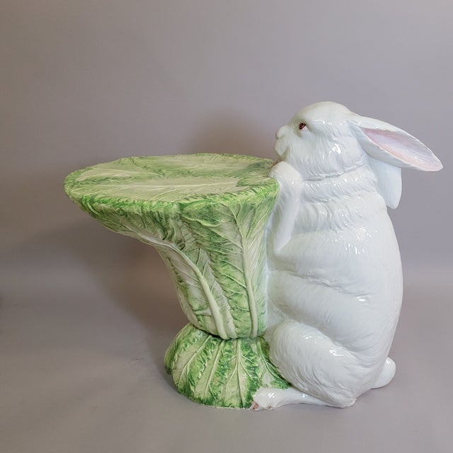 Italian Porcelain Rabbit Sculptural Accent Table Stand With Lettuce Cabbage Leaf Top, C. 1970s For Sale - Image 12 of 16