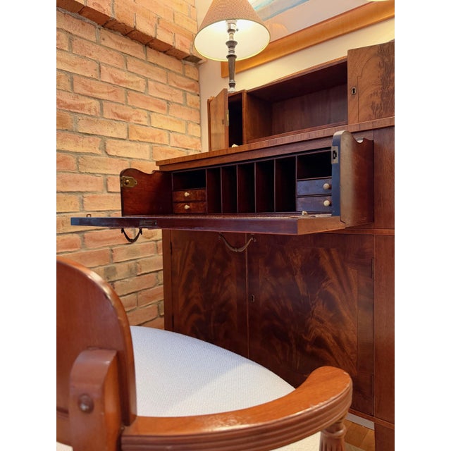 Antique Tennenbaum Flame Mahogany Secretary Desk with Leather Fall Front and Custom Bouclé Chair For Sale In New York - Image 6 of 18