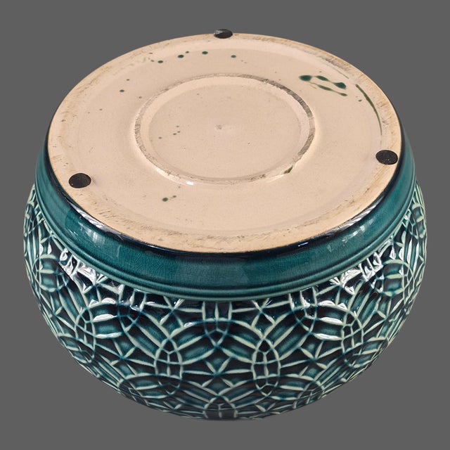 Vintage Glazed Pottery Teal, Green, Blue Planter Attached Under Plate For Sale - Image 6 of 7