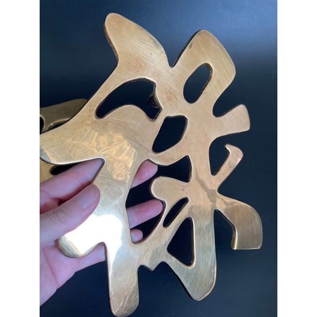 1970s Vintage Brass Wall Hanging Trivets of Chinese Fortune & Prosperity Symbol - Set of 2 For Sale - Image 5 of 13