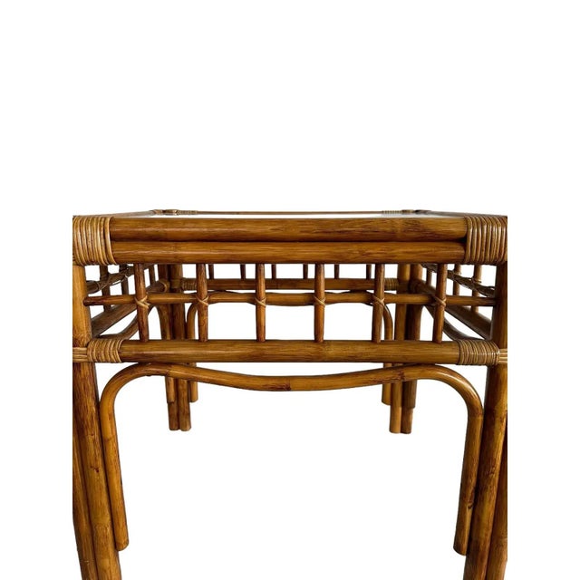 Hollywood Regency Mid 20th Century Pair of Vintage Rattan and Bentwood Glass Top Side Tables - In the Style of Franco Albini For Sale - Image 3 of 11