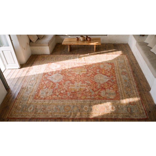 Scarlet 1880s Red Rust Large Scale Tribal Antique Turkish Oushak Rug 12'0" X 15'6" Handknotted Wool Carpet For Sale - Image 8 of 9