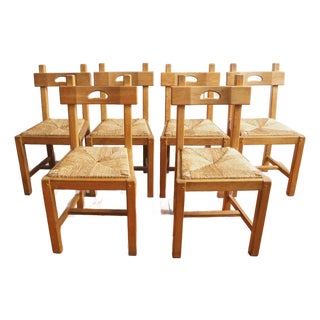 1950s Set of 6 French Brutalist Oak Dining Chairs With Woven Rush Seats For Sale