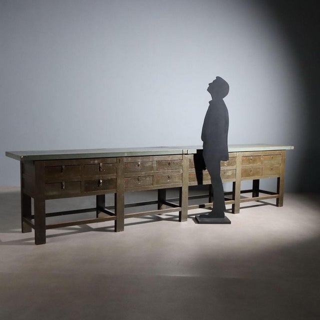 Large industrial counter from the mid-20th century, made of fir. It features 10 solid uprights held in place by...