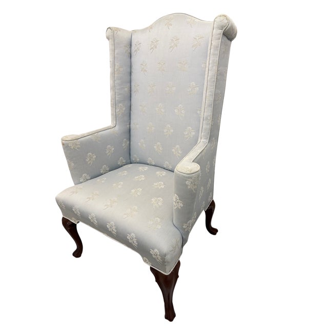 Baker Furniture Attributed Blue Damask Wingback Chairs - A Pair These expertly styled chairs attributed to Baker Furniture...