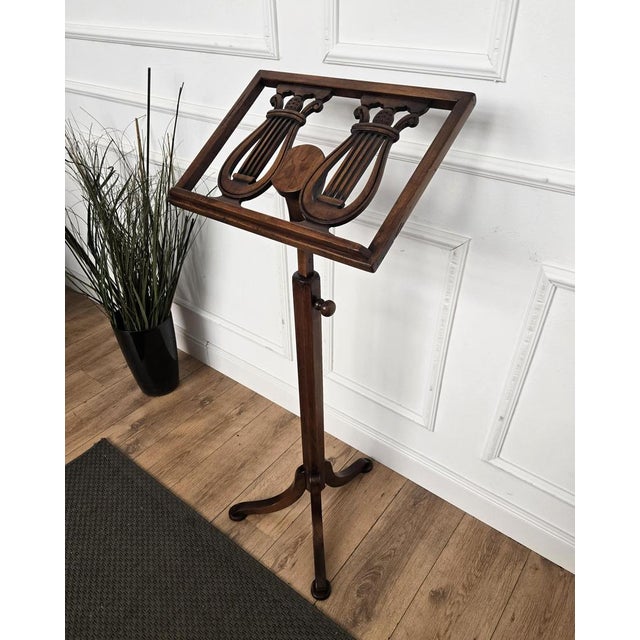 Italian Wooden Lyre Shaped Adjustable Floor Book Stand, 1980s For Sale - Image 3 of 9