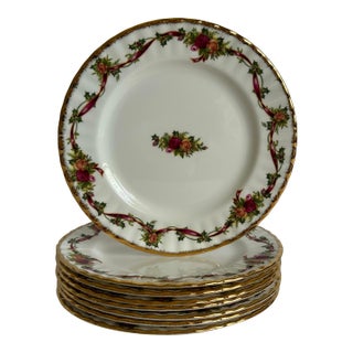 1990s 8pcs Royal Albert Old Country Roses Holiday Ribbons Salad or Dessert Plates For Sale