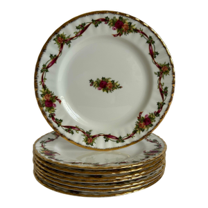 1990s 8pcs Royal Albert Old Country Roses Holiday Ribbons Salad or Dessert Plates