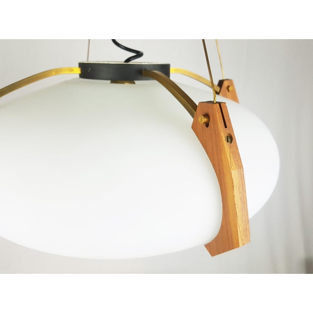 1950s Italian Opaline Glass, Brass & Teak Pendant Lamp, 1950s For Sale - Image 5 of 12