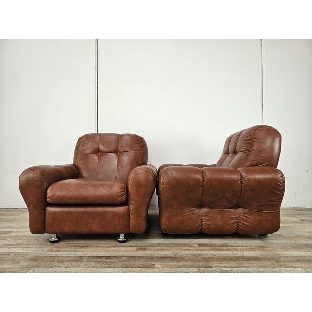1970s Vintage Italian Brown Leather Club Chairs, 1970s, Set of 2 For Sale - Image 5 of 17