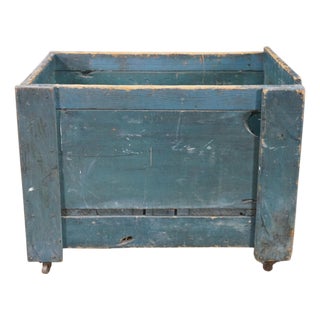 Antique Primitive Pine Bin Teal Blue Milk Paint Wood Storage Rolling Crate Box For Sale