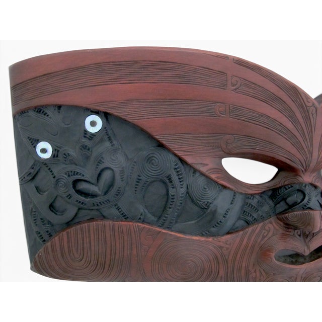 Contemporary John Collins Maori New Zealand Ta Moko Carved Wood Whaikairo Rakau Mask For Sale - Image 3 of 15