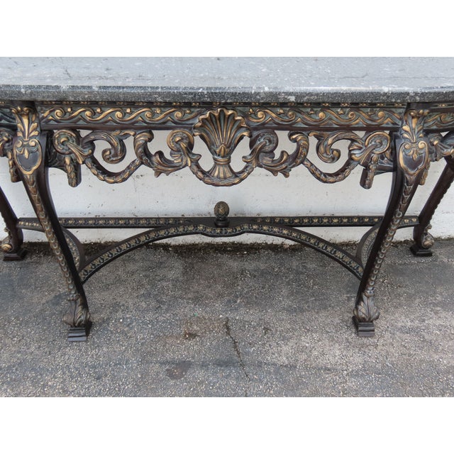 French French Painted Black Heavy Carved Marble Top Large Long Console Entry Table 6381 For Sale - Image 3 of 12