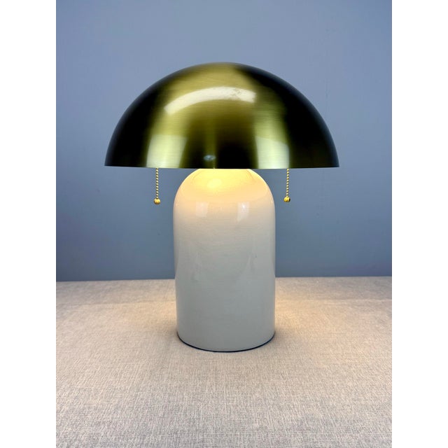 Metal Modernist Mushroom “Gaia” Brass and Ceramic 2-Light Table Lamp by Mitzi/Hudson Valley Lighting For Sale - Image 7 of 10
