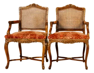 Early 20th Century Pair of Carved Cane-Back Armchairs With Rich Red Upholstery