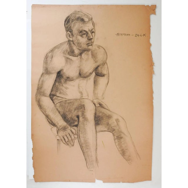 Vintage 1950s Charles Normann Male Charcoal Drawing For Sale - Image 4 of 4