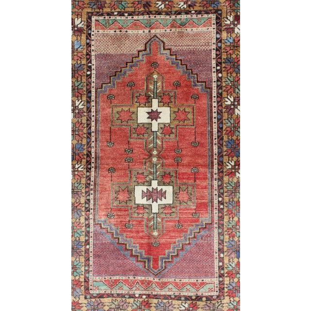 Mid 20th Century Vintage Turkish Oushak Rug With Tribal Medallion in Red Green Yellow & Purple For Sale - Image 4 of 7