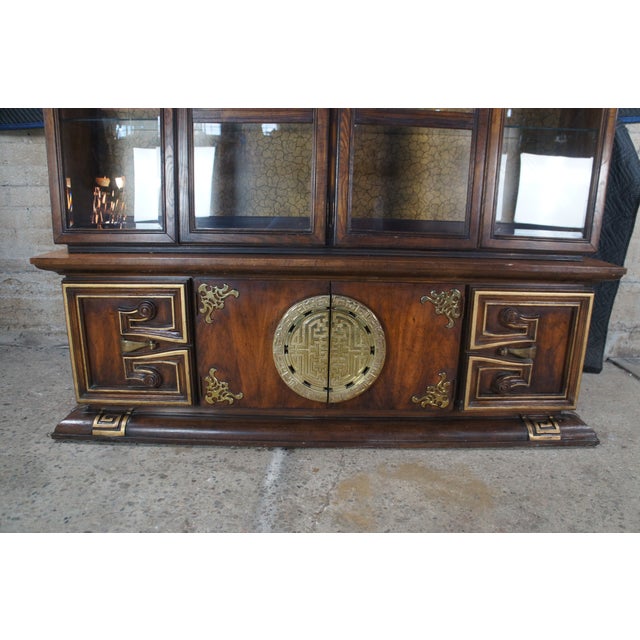 1970s 1970s Oak Chinese Chinoiserie Shou Ming Style China Display Cabinet Credenza 84" For Sale - Image 5 of 16