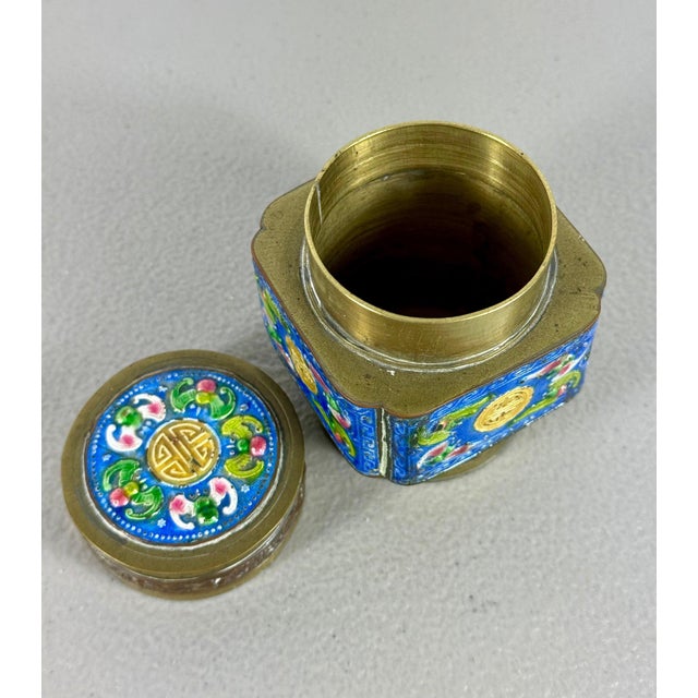 Vintage Chinese Brass & Enamel Cloisonné Longevity Box This exquisite item is a vintage Chinese box, likely a tea caddy,...