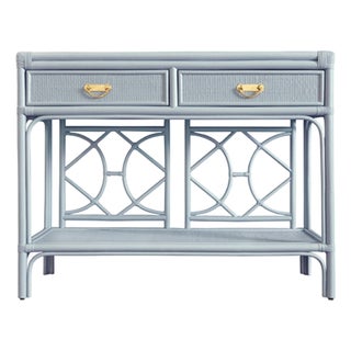 Matthew Izzo Home Gideon Light Blue Two Drawer Console Table With Decorative Rattan Back and Brass Hardware For Sale