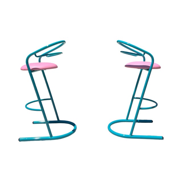 Vintage Postmodern 1980s Set of 2 Pair Turquoise Barstools, Amisco Pink Restored For Sale - Image 4 of 11